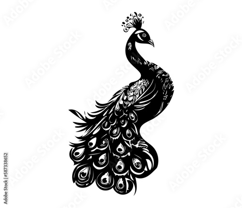 Monochrome peacock. Animal bird vector illustration, peafowl art design