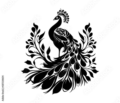 Monochrome peacock. Animal bird vector illustration, peafowl art design