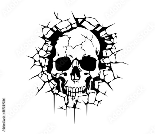 Skull tearing out of the wall. Skeleton breaking through wall. Human skull through the hole. Halloween decor.