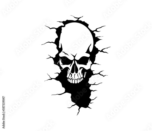 Skull tearing out of the wall. Skeleton breaking through wall. Human skull through the hole. Halloween decor.