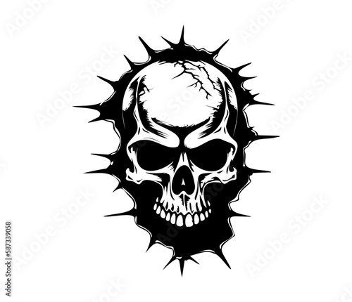 Skull tearing out of the wall. Skeleton breaking through wall. Human skull through the hole. Halloween decor.