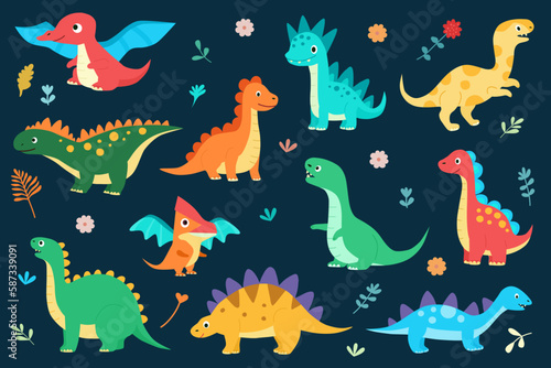 Collection of isolated cute dinosaurs. Vector flat cartoon illustration