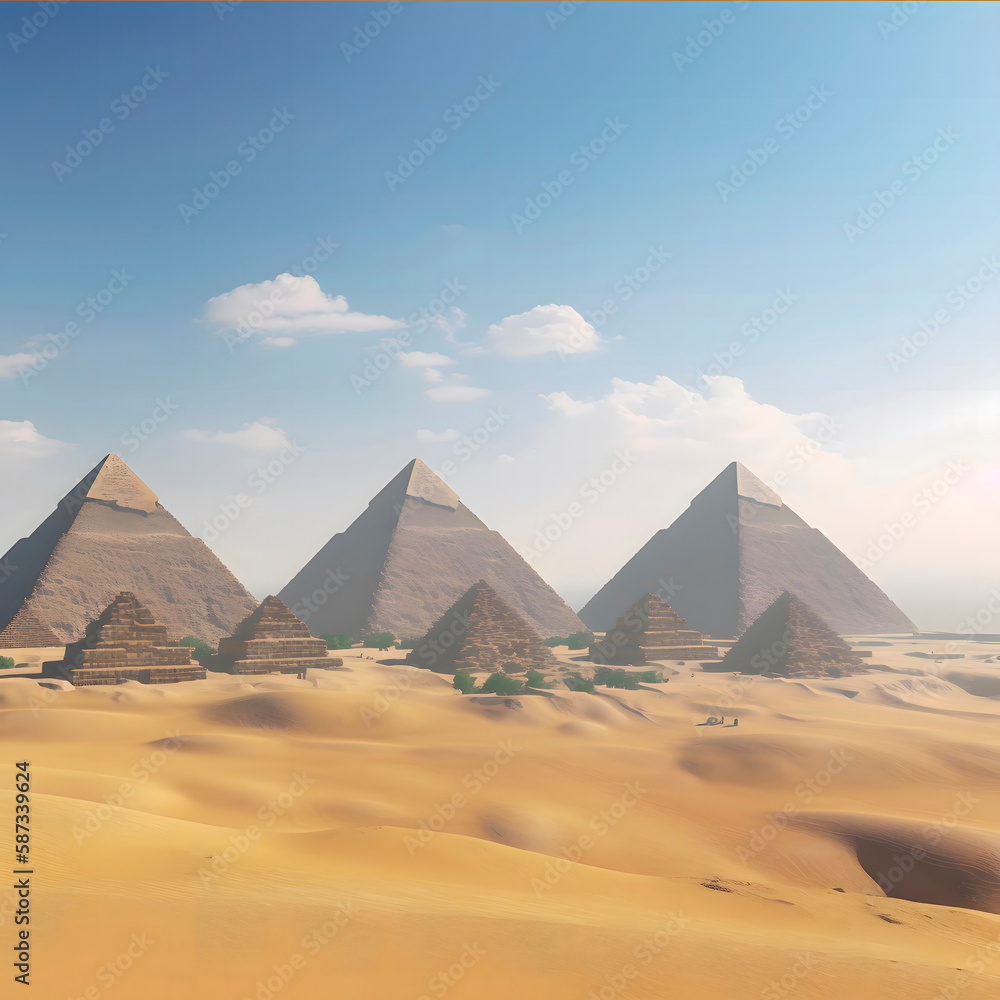 Panorama of the ancient Egyptian pyramids created with Generative AI technology.
