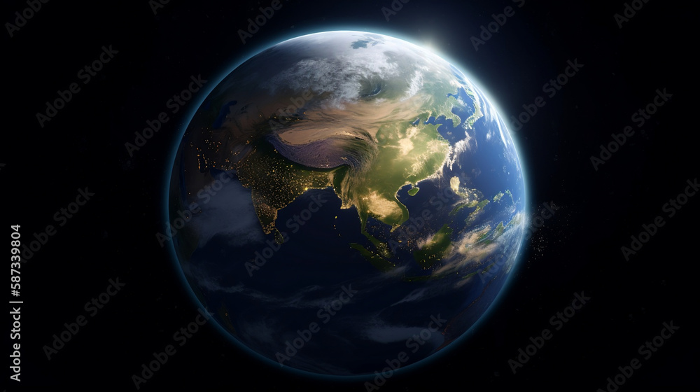 Fototapeta premium Nightly Planet Earth in dark outer space. Civilization. Elements of this image furnished. Generative AI.