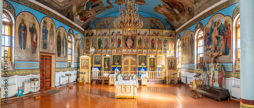 SHYMKENT, KAZAKHSTAN - JANUARY 24, 2023: Panorama of the interior of the temple in honor of the icon of the Mother of God of Kazan, Kazakhstan