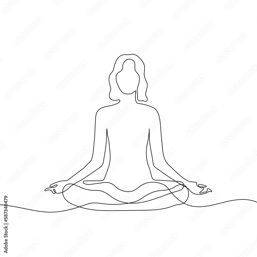 Woman sitting in lotus yoga pose. Continuous one line drawing on white background. Vector illustration Woman sitting in lotus yoga pose. Continuous one line drawing on white background. Vector illustration