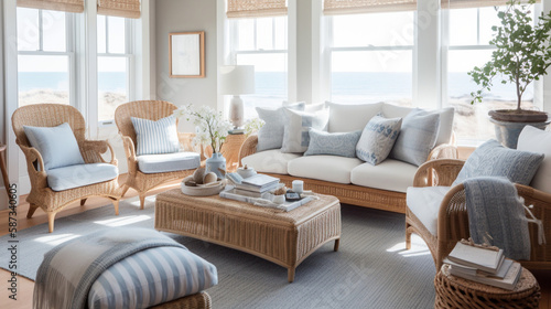 A serene coastal living room with beachy accents, woven rattan furniture, and natural fibers decor in Pottery Barn style, Created with generative Ai Technology.