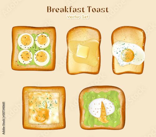 set of breakfast avocado toast and egg butter toast vector illustration