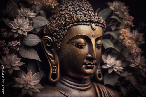 Generative AI illustration of ancient stone sculpture of Buddha with plants and live flowers
