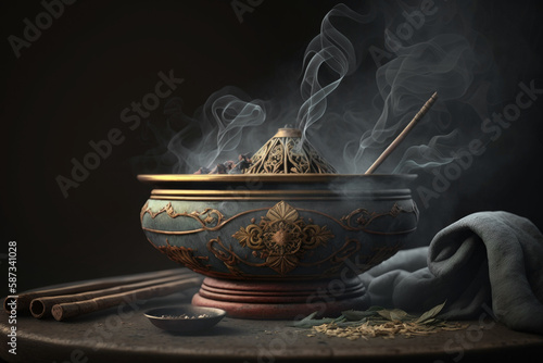 Generative AI illustration of decorated pot of incense burner with smoky fragrance of prayer incense and wooden sticks with soft cotton placed on table over black background photo
