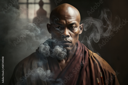Generative AI illustrative portrait of serious black Buddhist man in spiritual robe looking at camera while worshiping in smoky temple with dark background