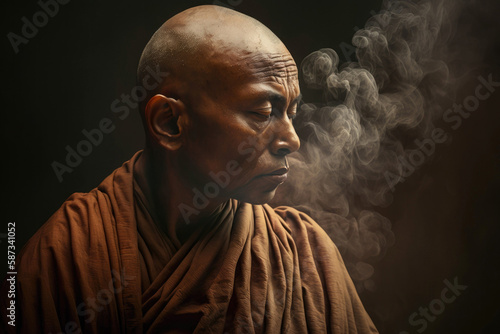 Generative AI image with side view of senior ethnic male monk in brown religious robe with eyes closed meditating and praying while standing over black background with smoke photo