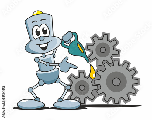 Cartoon eines kleinen Roboters, beim ölen von Zahnrädern eines Getriebes