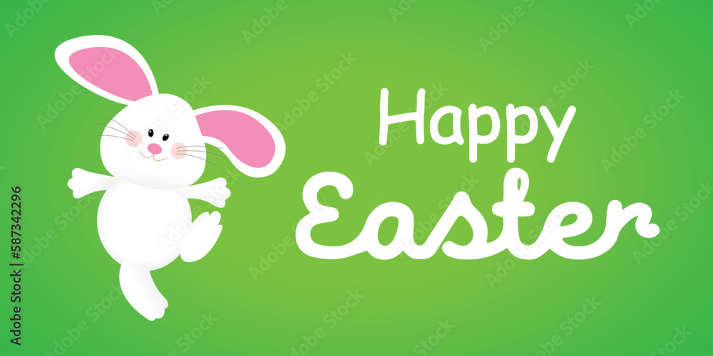 Easter banner with the character of a happy Easter bunny on a beautiful green background in a greeting card design. Vector illustration Easter banner with the character of a happy Easter bunny on a beautiful green background in a greeting card design. Vector illustration
