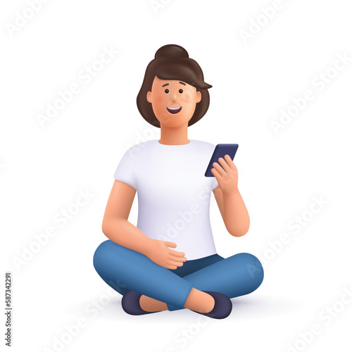 Young smiling woman sitting cross legged and holding smartphone. .3d vector people character illustration. Cartoon minimal style.