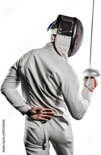 Man wearing fencing suit practicing with sword