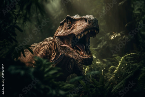 A T-Rex dinosaur in the jungle. AI generated. photo