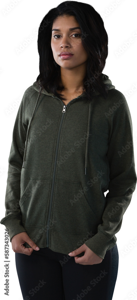 Portrait of female athlete in hooded jacket Portrait of female athlete in hooded jacket