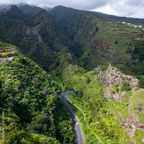 A volcanic gorge covered with dense green vegetation. La Galga, La Palma, Canary Islands, Spain.