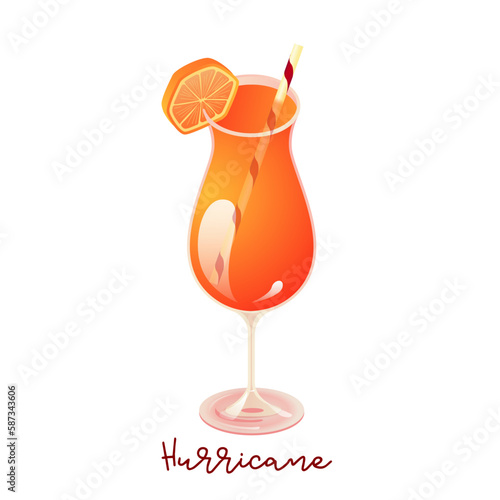 Hurricane cocktail. Summer, tropical refreshing cocktail with orange. Vector illustration