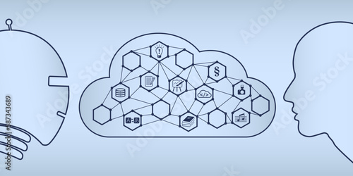 Künstliche Intelligenz und Mensch jeweils in einer Silhouette des Kopfes mit einer Cloud mit Icons als Vektorgrafik.