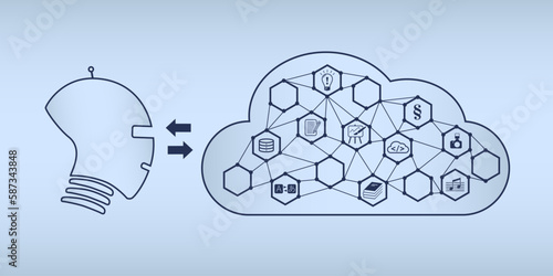 Inteligencia artificial silueta de la cabeza y una nube con iconos como gráficos vectoriales. Iconos de traducción, texto, programación, búsqueda…
