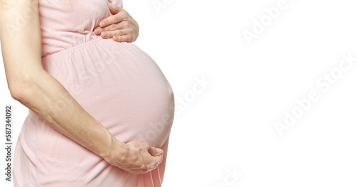  Pregnant woman's belly faceless on a transparent background. Swollen veins on hands. Concept pregnancy problems. side view and copy space.