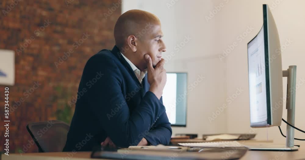 Thinking, business man and typing on computer at night, planning research and analysis in office. Focused entrepreneur working on desktop technology, website solution and decision of trading ideas