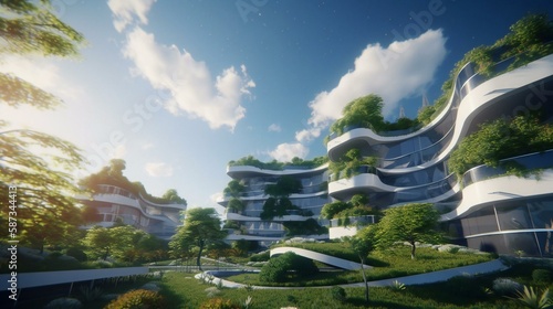 Step into a new world with a vision of sustainable living that blends cutting-edge technology and green energy  Created using generative AI.