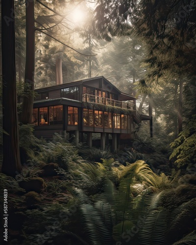 A modern house in forest perfect for isolated vacation or just a peaceful relax in the connection with nature. Modern architecture. Generative Ai. © Kowit