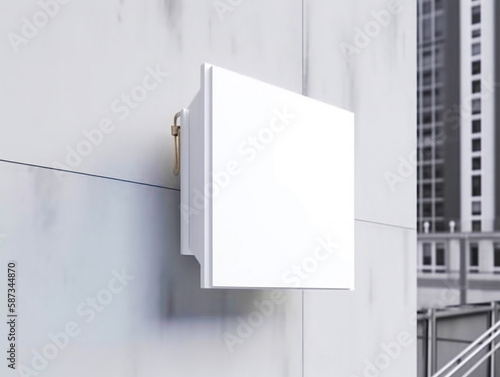 White square signboard mockup in outside for logo design, brand presentation for companies, ad, advertising, shops.