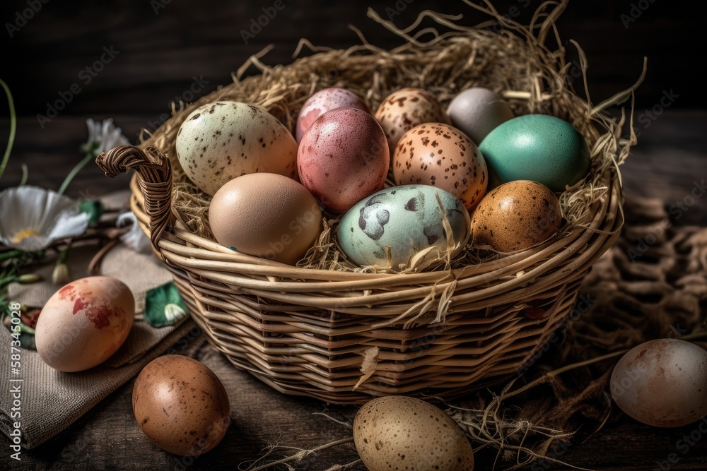 colorful Easter basket filled with a variety of eggs. Generative AI colorful Easter basket filled with a variety of eggs. Generative AI