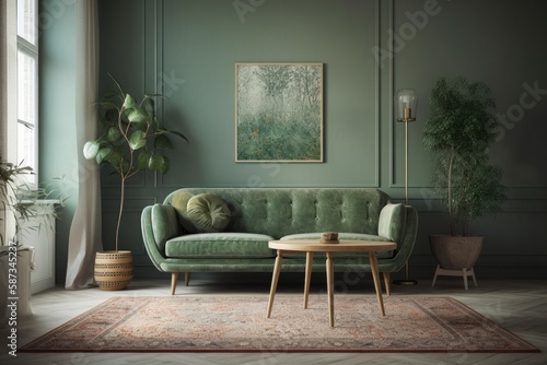 Green and beige minimalist living room with carpeted floor, wallpaper, and fabric couch. Beautiful vintage decor,. Generative AI
