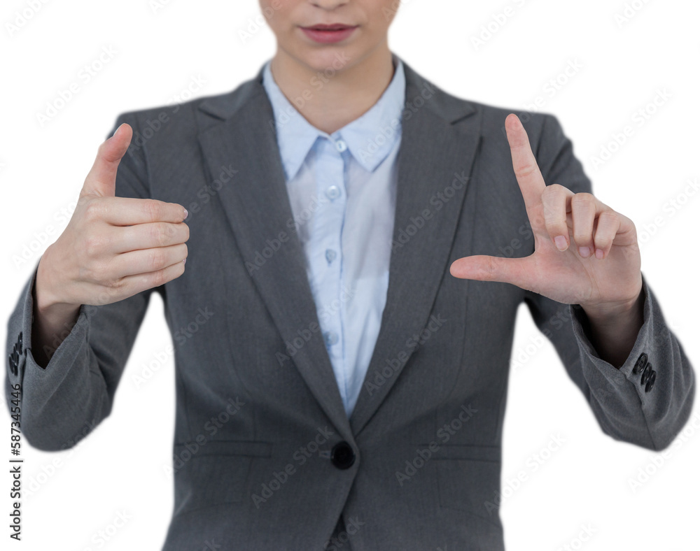 Businesswoman hand gesturing against white background Businesswoman hand gesturing against white background