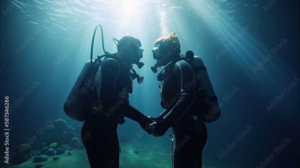two Scuba divers training. Two scuba divers in silhouette swimming to the surface in the rays background. Non-existent person. Generative Ai. two Scuba divers training. Two scuba divers in silhouette swimming to the surface in the rays background. Non-existent person. Generative Ai.