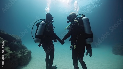 two Scuba divers training. Two scuba divers in silhouette swimming to the surface in the rays background. Non-existent person. Generative Ai.