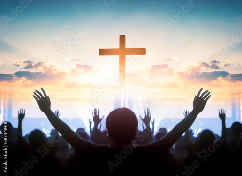 Foto Easter and Good Friday concept,  soft focus of Christian worship with raised han