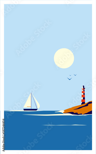 Vector illustration of a yacht or sailboat next to a lighthouse on the seashore against the backdrop of the sun in retro style.