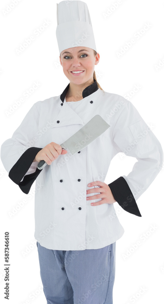 Female chef holding meat cleaver Female chef holding meat cleaver