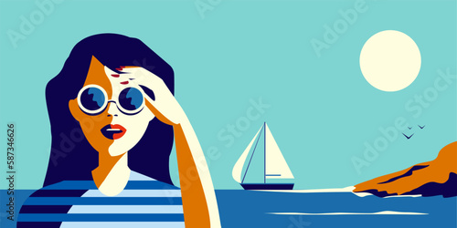Vector illustration of a beautiful girl in sunglasses on the background of the sea in retro style.