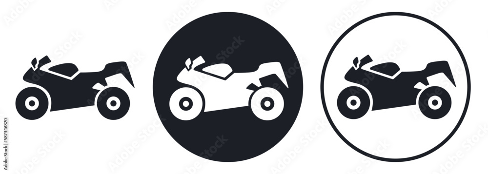 Motorbike icon black and white silhouette on dark and light circle background. Abstract motorcycle, flat style. Vector sign or button for web design, transport service or bike show and race logo.
