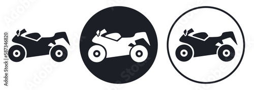 Motorbike icon black and white silhouette on dark and light circle background. Abstract motorcycle  flat style. Vector sign or button for web design  transport service or bike show and race logo.