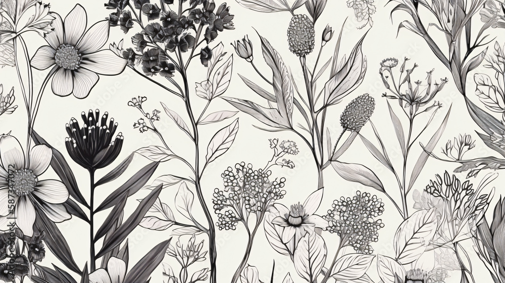 Fototapeta premium illustration of botanical plant leaves and flowers wallpaper great for post cards generative ai