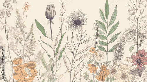 illustration of botanical plant leaves and flowers wallpaper great for post cards generative ai