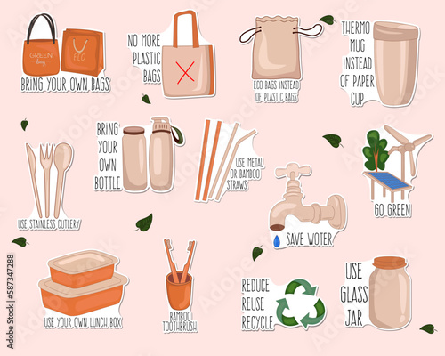 Set of hand drawn stickers zero waste durable and reusable items or products - diaper and pad, glass jar, bottle, coffee cup, eco

