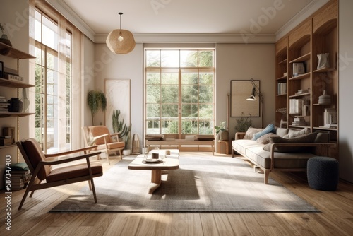 cozy living room with natural light and comfortable furniture. Generative AI © AkuAku