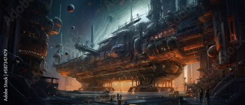 Futuristic sciFi huge battle spaceships. Futuristic sciFi huge battle spaceships concept for futuristic interstellar deep space travel for sci-fi backgrounds. Generative Ai.