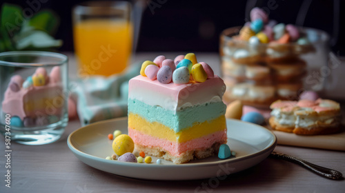 Fluffy colorful cake with sweet topping, Generative AI