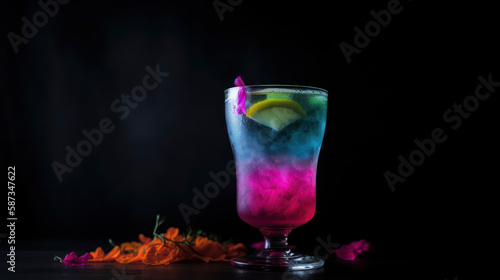 Refreshing blue and purple cocktail on black background, Generative AI