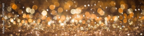 Golden glitter, abstract texture, banner, close-up on shiny particles, panoramic composition, AI generative panorama